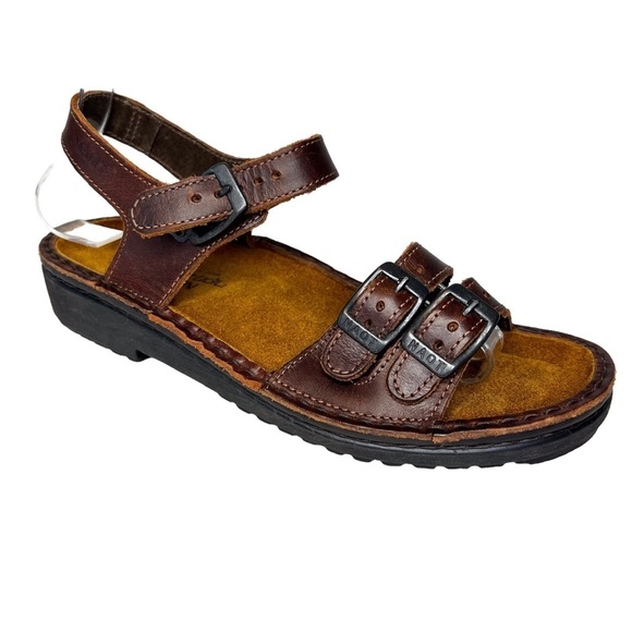 NAOT Brown Leather Buckle Ankle Strap Sandals - Picture 2 of 11